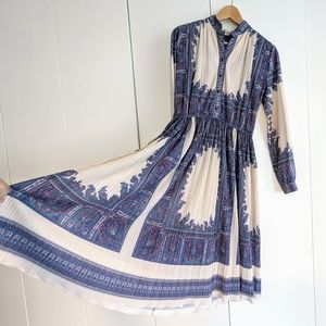 Vintage 70's Hal Ferman Long Sleeve Plisse Midi Dress Ivory Blue Printed M